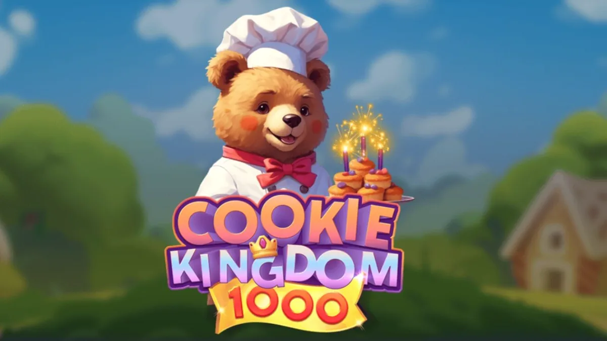 Makulay na disenyo ng Cookie Kingdom 1000 slot na may mga kendi at cute na hayop.