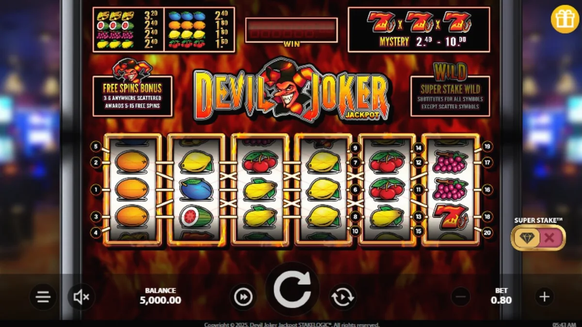 Devil Joker Jackpot slot machine interface na may maapoy na tema at mga klasikong simbolo.